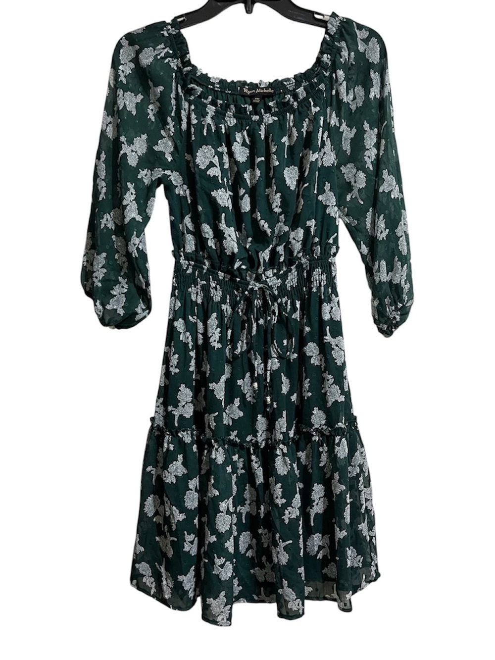Ryan Michelle Women’s Green White Smocked Ruffled Dress Size PETITE M